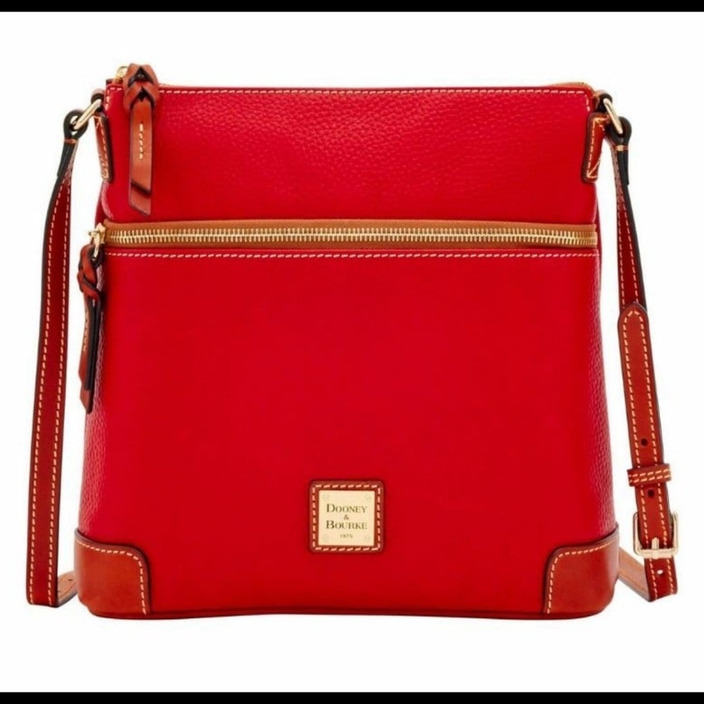 Dooney & Bourke Red Pebbled Leather Crossbody Bag with Tan Trim